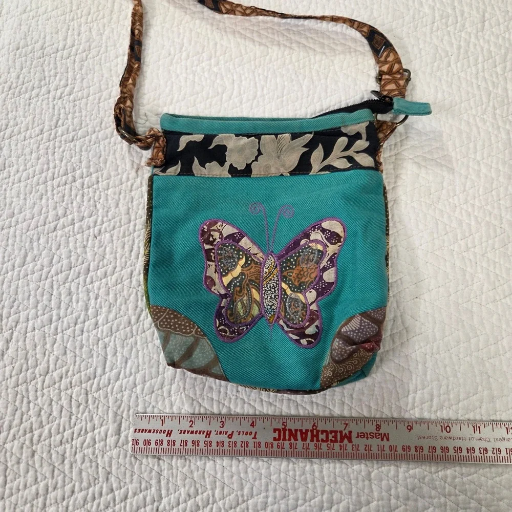 Boho Butterfly Patchwork Teal Canvas Crossbody‎ Bag Batik Floral Hippie Festival